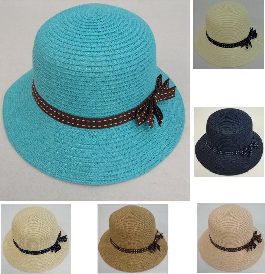 Ladies Round Woven Summer HAT w Stitched Ribbon